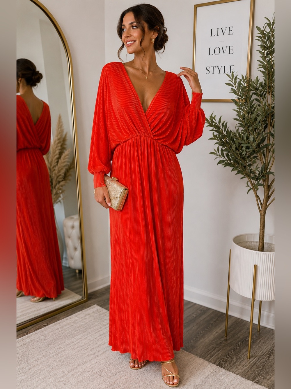 NWT Easy Clothes Pleated Coral Maxi Dress Long Sleeve Size L/XL Made Italy